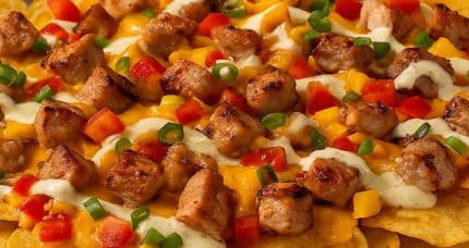 Grilled Pork Chop Nachos with Jalapeño Ranch Drizzle