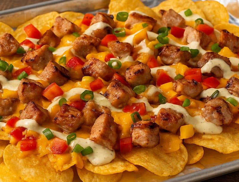 Grilled Pork Chop Nachos with Jalapeño Ranch Drizzle